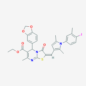 molecular formula C31H28IN3O5S B388235 ETHYL 5-(1,3-BENZODIOXOL-5-YL)-2-{(E)-1-[1-(4-IODO-3-METHYLPHENYL)-2,5-DIMETHYL-1H-PYRROL-3-YL]METHYLIDENE}-7-METHYL-3-OXO-2,3-DIHYDRO-5H-[1,3]THIAZOLO[3,2-A]PYRIMIDINE-6-CARBOXYLATE 