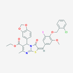 molecular formula C32H26ClIN2O7S B388238 ETHYL (2E)-5-(2H-1,3-BENZODIOXOL-5-YL)-2-({4-[(2-CHLOROPHENYL)METHOXY]-3-IODO-5-METHOXYPHENYL}METHYLIDENE)-7-METHYL-3-OXO-2H,3H,5H-[1,3]THIAZOLO[3,2-A]PYRIMIDINE-6-CARBOXYLATE 