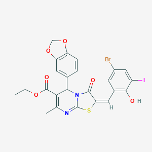 molecular formula C24H18BrIN2O6S B388246 ethyl 5-(1,3-benzodioxol-5-yl)-2-(5-bromo-2-hydroxy-3-iodobenzylidene)-7-methyl-3-oxo-2,3-dihydro-5H-[1,3]thiazolo[3,2-a]pyrimidine-6-carboxylate 
