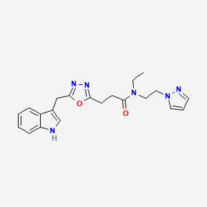 molecular formula C21H24N6O2 B3882809 N-ethyl-3-[5-(1H-indol-3-ylmethyl)-1,3,4-oxadiazol-2-yl]-N-[2-(1H-pyrazol-1-yl)ethyl]propanamide 