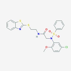 molecular formula C24H22ClN3O4S3 B388302 N-[2-(1,3-benzothiazol-2-ylsulfanyl)ethyl]-2-[5-chloro-2-methoxy(phenylsulfonyl)anilino]acetamide 