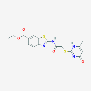 molecular formula C17H16N4O4S2 B388308 ethyl 2-[[2-[(6-methyl-4-oxo-1H-pyrimidin-2-yl)sulfanyl]acetyl]amino]-1,3-benzothiazole-6-carboxylate 