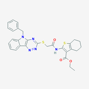 molecular formula C29H27N5O3S2 B388395 ethyl 2-({[(5-benzyl-5H-[1,2,4]triazino[5,6-b]indol-3-yl)sulfanyl]acetyl}amino)-4,5,6,7-tetrahydro-1-benzothiophene-3-carboxylate 