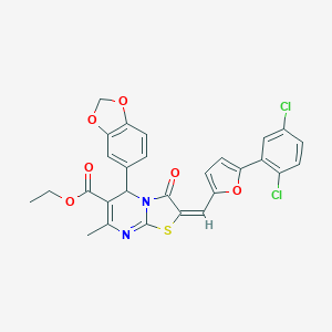 molecular formula C28H20Cl2N2O6S B388446 ETHYL (2E)-5-(2H-1,3-BENZODIOXOL-5-YL)-2-{[5-(2,5-DICHLOROPHENYL)FURAN-2-YL]METHYLIDENE}-7-METHYL-3-OXO-2H,3H,5H-[1,3]THIAZOLO[3,2-A]PYRIMIDINE-6-CARBOXYLATE 