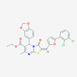 molecular formula C28H20Cl2N2O6S B388464 ETHYL (2E)-5-(2H-1,3-BENZODIOXOL-5-YL)-2-{[5-(2,3-DICHLOROPHENYL)FURAN-2-YL]METHYLIDENE}-7-METHYL-3-OXO-2H,3H,5H-[1,3]THIAZOLO[3,2-A]PYRIMIDINE-6-CARBOXYLATE 
