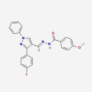 molecular formula C24H19FN4O2 B3884645 N-[(E)-[3-(4-fluorophenyl)-1-phenylpyrazol-4-yl]methylideneamino]-4-methoxybenzamide 