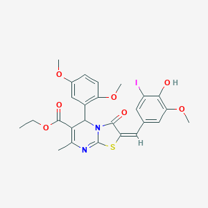 molecular formula C26H25IN2O7S B388472 ETHYL 5-(2,5-DIMETHOXYPHENYL)-2-[(E)-1-(4-HYDROXY-3-IODO-5-METHOXYPHENYL)METHYLIDENE]-7-METHYL-3-OXO-2,3-DIHYDRO-5H-[1,3]THIAZOLO[3,2-A]PYRIMIDINE-6-CARBOXYLATE 