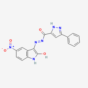 molecular formula C18H12N6O4 B3884943 N'-(5-nitro-2-oxo-1,2-dihydro-3H-indol-3-ylidene)-3-phenyl-1H-pyrazole-5-carbohydrazide 