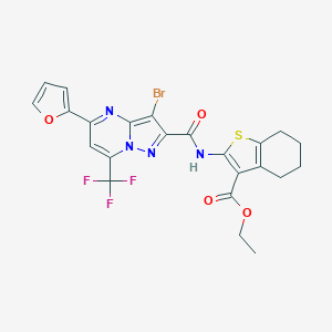 molecular formula C23H18BrF3N4O4S B388536 ETHYL 2-[3-BROMO-5-(FURAN-2-YL)-7-(TRIFLUOROMETHYL)PYRAZOLO[1,5-A]PYRIMIDINE-2-AMIDO]-4,5,6,7-TETRAHYDRO-1-BENZOTHIOPHENE-3-CARBOXYLATE 