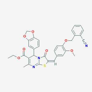 molecular formula C33H27N3O7S B388540 ethyl 5-(1,3-benzodioxol-5-yl)-2-{4-[(2-cyanobenzyl)oxy]-3-methoxybenzylidene}-7-methyl-3-oxo-2,3-dihydro-5H-[1,3]thiazolo[3,2-a]pyrimidine-6-carboxylate 