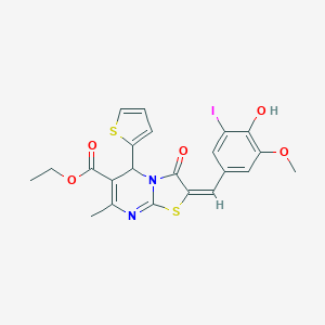 molecular formula C22H19IN2O5S2 B388546 ETHYL (2E)-2-[(4-HYDROXY-3-IODO-5-METHOXYPHENYL)METHYLIDENE]-7-METHYL-3-OXO-5-(THIOPHEN-2-YL)-2H,3H,5H-[1,3]THIAZOLO[3,2-A]PYRIMIDINE-6-CARBOXYLATE 