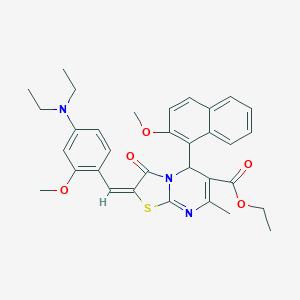 molecular formula C33H35N3O5S B388547 ETHYL (2E)-2-{[4-(DIETHYLAMINO)-2-METHOXYPHENYL]METHYLIDENE}-5-(2-METHOXYNAPHTHALEN-1-YL)-7-METHYL-3-OXO-2H,3H,5H-[1,3]THIAZOLO[3,2-A]PYRIMIDINE-6-CARBOXYLATE 