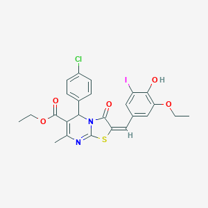 molecular formula C25H22ClIN2O5S B388550 ethyl 5-(4-chlorophenyl)-2-(3-ethoxy-4-hydroxy-5-iodobenzylidene)-7-methyl-3-oxo-2,3-dihydro-5H-[1,3]thiazolo[3,2-a]pyrimidine-6-carboxylate 