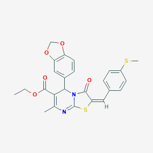 molecular formula C25H22N2O5S2 B388555 ETHYL (2E)-5-(2H-1,3-BENZODIOXOL-5-YL)-7-METHYL-2-{[4-(METHYLSULFANYL)PHENYL]METHYLIDENE}-3-OXO-2H,3H,5H-[1,3]THIAZOLO[3,2-A]PYRIMIDINE-6-CARBOXYLATE 
