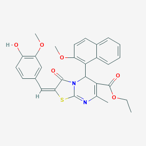molecular formula C29H26N2O6S B388584 ETHYL (2E)-2-[(4-HYDROXY-3-METHOXYPHENYL)METHYLIDENE]-5-(2-METHOXYNAPHTHALEN-1-YL)-7-METHYL-3-OXO-2H,3H,5H-[1,3]THIAZOLO[3,2-A]PYRIMIDINE-6-CARBOXYLATE 