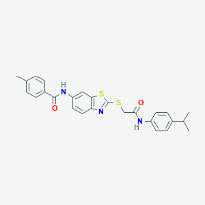 molecular formula C26H25N3O2S2 B388607 N-(2-{[2-(4-isopropylanilino)-2-oxoethyl]sulfanyl}-1,3-benzothiazol-6-yl)-4-methylbenzamide 