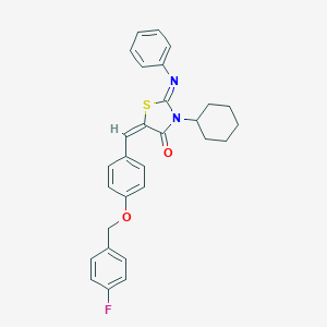 molecular formula C29H27FN2O2S B388688 3-Cyclohexyl-5-{4-[(4-fluorobenzyl)oxy]benzylidene}-2-(phenylimino)-1,3-thiazolidin-4-one 
