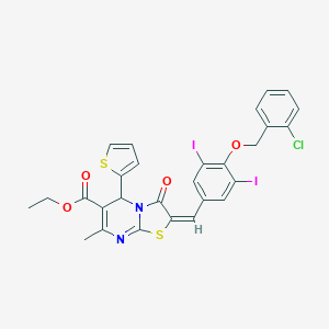 molecular formula C28H21ClI2N2O4S2 B388725 ETHYL 2-((E)-1-{4-[(2-CHLOROBENZYL)OXY]-3,5-DIIODOPHENYL}METHYLIDENE)-7-METHYL-3-OXO-5-(2-THIENYL)-2,3-DIHYDRO-5H-[1,3]THIAZOLO[3,2-A]PYRIMIDINE-6-CARBOXYLATE 