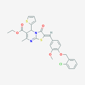 molecular formula C29H25ClN2O5S2 B388731 ETHYL (2Z)-2-({4-[(2-CHLOROPHENYL)METHOXY]-3-METHOXYPHENYL}METHYLIDENE)-7-METHYL-3-OXO-5-(THIOPHEN-2-YL)-2H,3H,5H-[1,3]THIAZOLO[3,2-A]PYRIMIDINE-6-CARBOXYLATE 