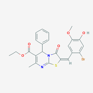 molecular formula C24H21BrN2O5S B388732 ETHYL (2E)-2-[(2-BROMO-4-HYDROXY-5-METHOXYPHENYL)METHYLIDENE]-7-METHYL-3-OXO-5-PHENYL-2H,3H,5H-[1,3]THIAZOLO[3,2-A]PYRIMIDINE-6-CARBOXYLATE 