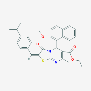 molecular formula C31H30N2O4S B388750 ETHYL (2E)-5-(2-METHOXYNAPHTHALEN-1-YL)-7-METHYL-3-OXO-2-{[4-(PROPAN-2-YL)PHENYL]METHYLIDENE}-2H,3H,5H-[1,3]THIAZOLO[3,2-A]PYRIMIDINE-6-CARBOXYLATE 