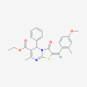 molecular formula C25H24N2O4S B388752 ETHYL (2E)-2-[(4-METHOXY-2-METHYLPHENYL)METHYLIDENE]-7-METHYL-3-OXO-5-PHENYL-2H,3H,5H-[1,3]THIAZOLO[3,2-A]PYRIMIDINE-6-CARBOXYLATE 