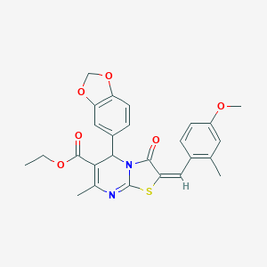 molecular formula C26H24N2O6S B388755 ETHYL (2E)-5-(2H-1,3-BENZODIOXOL-5-YL)-2-[(4-METHOXY-2-METHYLPHENYL)METHYLIDENE]-7-METHYL-3-OXO-2H,3H,5H-[1,3]THIAZOLO[3,2-A]PYRIMIDINE-6-CARBOXYLATE 