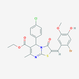 molecular formula C24H20BrClN2O5S B388765 ethyl 2-(2-bromo-4-hydroxy-5-methoxybenzylidene)-5-(4-chlorophenyl)-7-methyl-3-oxo-2,3-dihydro-5H-[1,3]thiazolo[3,2-a]pyrimidine-6-carboxylate 
