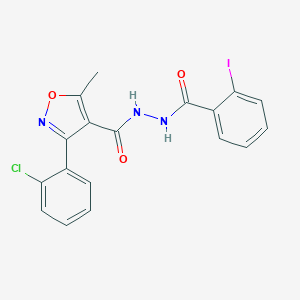 molecular formula C18H13ClIN3O3 B388781 N'-[3-(2-CHLOROPHENYL)-5-METHYL-1,2-OXAZOLE-4-CARBONYL]-2-IODOBENZOHYDRAZIDE 