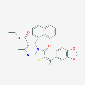 molecular formula C28H22N2O5S B388786 ETHYL (2E)-2-[(2H-1,3-BENZODIOXOL-5-YL)METHYLIDENE]-7-METHYL-5-(NAPHTHALEN-1-YL)-3-OXO-2H,3H,5H-[1,3]THIAZOLO[3,2-A]PYRIMIDINE-6-CARBOXYLATE 
