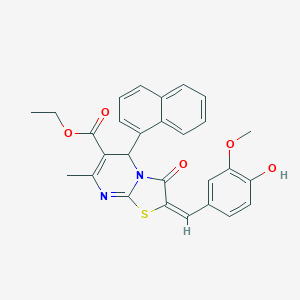 molecular formula C28H24N2O5S B388787 ETHYL (2E)-2-[(4-HYDROXY-3-METHOXYPHENYL)METHYLIDENE]-7-METHYL-5-(NAPHTHALEN-1-YL)-3-OXO-2H,3H,5H-[1,3]THIAZOLO[3,2-A]PYRIMIDINE-6-CARBOXYLATE 