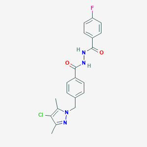 molecular formula C20H18ClFN4O2 B388827 N'-{4-[(4-CHLORO-3,5-DIMETHYL-1H-PYRAZOL-1-YL)METHYL]BENZOYL}-4-FLUOROBENZOHYDRAZIDE 