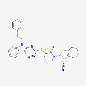 molecular formula C30H28N6OS2 B388836 N~1~-(3-cyano-4,5,6,7-tetrahydro-1-benzothiophen-2-yl)-2-[(5-phenethyl-5H-[1,2,4]triazino[5,6-b]indol-3-yl)sulfanyl]butanamide 