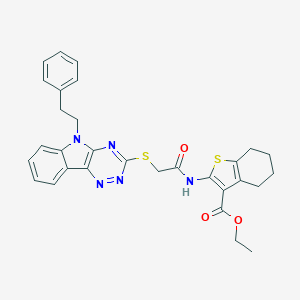 molecular formula C30H29N5O3S2 B388838 ethyl 2-[({[5-(2-phenylethyl)-5H-[1,2,4]triazino[5,6-b]indol-3-yl]sulfanyl}acetyl)amino]-4,5,6,7-tetrahydro-1-benzothiophene-3-carboxylate 