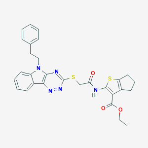 molecular formula C29H27N5O3S2 B388840 ethyl 2-[({[5-(2-phenylethyl)-5H-[1,2,4]triazino[5,6-b]indol-3-yl]sulfanyl}acetyl)amino]-5,6-dihydro-4H-cyclopenta[b]thiophene-3-carboxylate 
