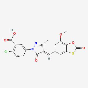 molecular formula C20H13ClN2O6S B3888935 2-CHLORO-5-[(4E)-4-[(7-METHOXY-2-OXO-2H-1,3-BENZOXATHIOL-5-YL)METHYLIDENE]-3-METHYL-5-OXO-4,5-DIHYDRO-1H-PYRAZOL-1-YL]BENZOIC ACID 