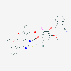 molecular formula C38H30IN3O6S B388908 ETHYL 2-((E)-1-{4-[(2-CYANOBENZYL)OXY]-3-IODO-5-METHOXYPHENYL}METHYLIDENE)-5-(2-METHOXYPHENYL)-3-OXO-7-PHENYL-2,3-DIHYDRO-5H-[1,3]THIAZOLO[3,2-A]PYRIMIDINE-6-CARBOXYLATE 