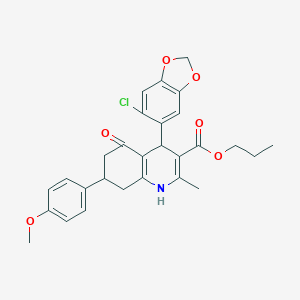 molecular formula C28H28ClNO6 B388918 PROPYL 4-(6-CHLORO-2H-1,3-BENZODIOXOL-5-YL)-7-(4-METHOXYPHENYL)-2-METHYL-5-OXO-1,4,5,6,7,8-HEXAHYDROQUINOLINE-3-CARBOXYLATE 