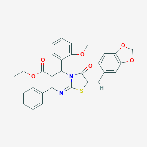 molecular formula C30H24N2O6S B388921 ethyl 2-(1,3-benzodioxol-5-ylmethylene)-5-(2-methoxyphenyl)-3-oxo-7-phenyl-2,3-dihydro-5H-[1,3]thiazolo[3,2-a]pyrimidine-6-carboxylate 