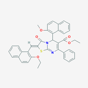 molecular formula C39H32N2O5S B388945 ETHYL (2Z)-2-[(2-ETHOXYNAPHTHALEN-1-YL)METHYLIDENE]-5-(2-METHOXYNAPHTHALEN-1-YL)-3-OXO-7-PHENYL-2H,3H,5H-[1,3]THIAZOLO[3,2-A]PYRIMIDINE-6-CARBOXYLATE 
