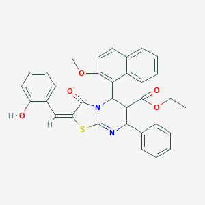 molecular formula C33H26N2O5S B388946 ethyl 2-(2-hydroxybenzylidene)-5-(2-methoxy-1-naphthyl)-3-oxo-7-phenyl-2,3-dihydro-5H-[1,3]thiazolo[3,2-a]pyrimidine-6-carboxylate 