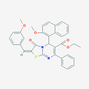 molecular formula C34H28N2O5S B388947 ethyl 2-(3-methoxybenzylidene)-5-(2-methoxy-1-naphthyl)-3-oxo-7-phenyl-2,3-dihydro-5H-[1,3]thiazolo[3,2-a]pyrimidine-6-carboxylate 