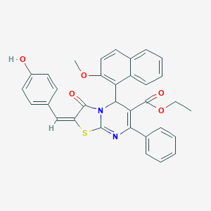 molecular formula C33H26N2O5S B388951 ethyl 2-(4-hydroxybenzylidene)-5-(2-methoxy-1-naphthyl)-3-oxo-7-phenyl-2,3-dihydro-5H-[1,3]thiazolo[3,2-a]pyrimidine-6-carboxylate 