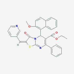 molecular formula C32H25N3O4S B388953 ethyl 5-(2-methoxy-1-naphthyl)-3-oxo-7-phenyl-2-(3-pyridinylmethylene)-2,3-dihydro-5H-[1,3]thiazolo[3,2-a]pyrimidine-6-carboxylate 