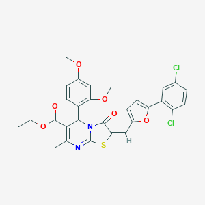 molecular formula C29H24Cl2N2O6S B388963 ETHYL (2E)-2-{[5-(2,5-DICHLOROPHENYL)FURAN-2-YL]METHYLIDENE}-5-(2,4-DIMETHOXYPHENYL)-7-METHYL-3-OXO-2H,3H,5H-[1,3]THIAZOLO[3,2-A]PYRIMIDINE-6-CARBOXYLATE 