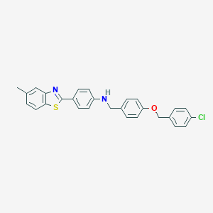 molecular formula C28H23ClN2OS B388972 N-{4-[(4-chlorobenzyl)oxy]benzyl}-4-(5-methyl-1,3-benzothiazol-2-yl)aniline 