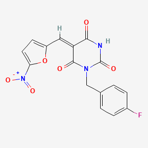 molecular formula C16H10FN3O6 B3889779 1-(4-fluorobenzyl)-5-[(5-nitro-2-furyl)methylene]-2,4,6(1H,3H,5H)-pyrimidinetrione 