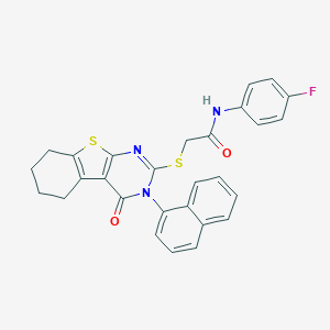 molecular formula C28H22FN3O2S2 B388979 N-(4-fluorophenyl)-2-{[3-(1-naphthyl)-4-oxo-3,4,5,6,7,8-hexahydro[1]benzothieno[2,3-d]pyrimidin-2-yl]sulfanyl}acetamide 