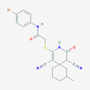 molecular formula C21H21BrN4O2S B389016 N-(4-bromophenyl)-2-[(1,5-dicyano-8-methyl-4-oxo-3-azaspiro[5.5]undec-1-en-2-yl)sulfanyl]acetamide 
