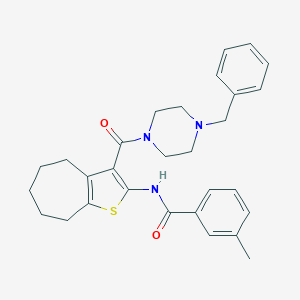 molecular formula C29H33N3O2S B389098 N-{3-[(4-benzylpiperazin-1-yl)carbonyl]-5,6,7,8-tetrahydro-4H-cyclohepta[b]thiophen-2-yl}-3-methylbenzamide 